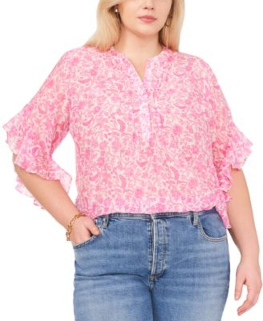 Vince Camuto Plus Size Printed Split-Neck Flutter Sleeve Top in Hot Pink